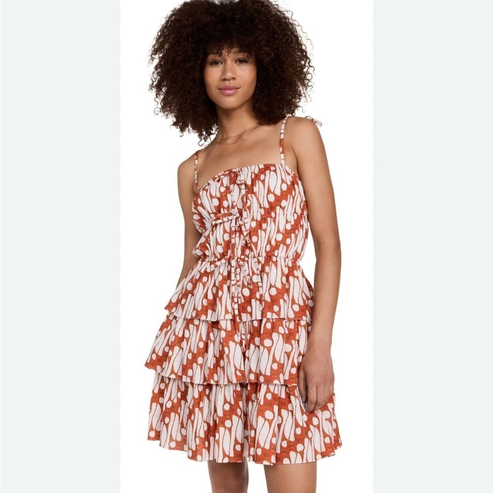 Charina Sarte Ruffle Tala Mini Dress | Print/Orange/ White/ Brown | Size Small